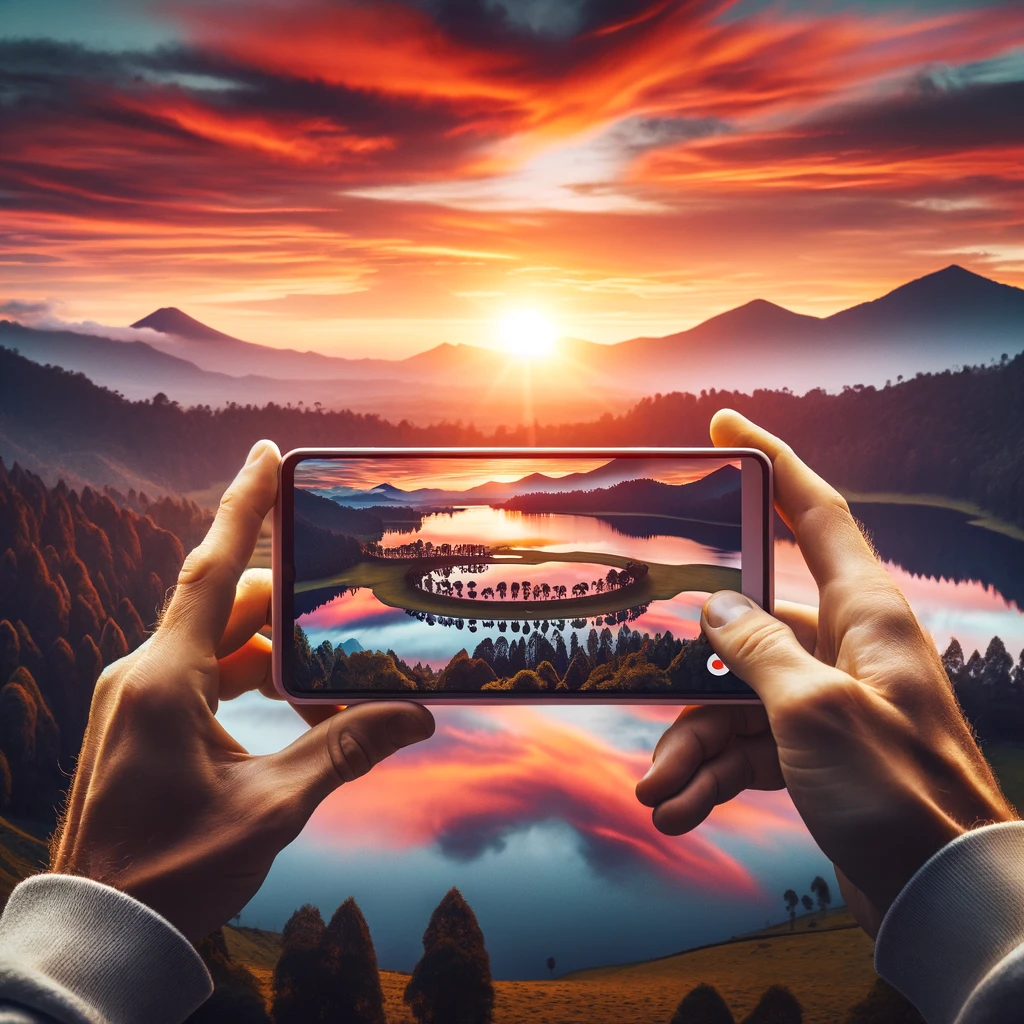 DALL·E 2024 03 09 23.30.49 A creative and captivating image of a person holding a smartphone taking a photograph of a picturesque landscape at sunset. The person is silhouetted