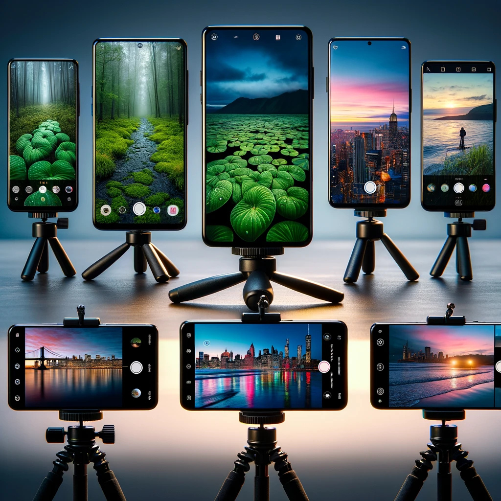 DALL·E 2024 03 09 23.32.03 A collection of smartphones set up on tripods in various environments like a forest a city at twilight and a beach at sunrise each displaying a pho